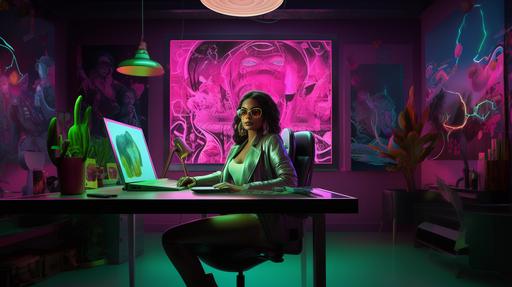 vibrant, modern office setting, moody fuchsia lighting coming from ornate Indian light fixtures hanging from ceiling, emerald green color scheme, graffiti art of biracial female holding paintbrush, painted in psychedelic surrealism, gold office chairs, with lime green Mac g3 style computers --ar 16:9