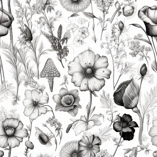 victorian botany flower chart, hand drawn, ultra realistic, black and white, seamless pattern --tile