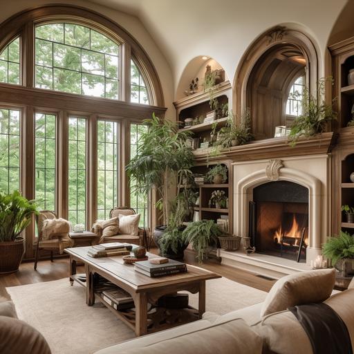 victorian design tv room, light and airy, natural wood accents, rustic pot with trees, arched windows, fireplace, built in arched cabinets on sides of fireplace
