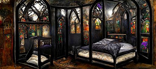 victorian gothic bedroom, canopy bed, stained glass windows, cluttered, 3d art, realistic, deep shadow, high texture detail, dark environment, --no defocus, --ar 21:9