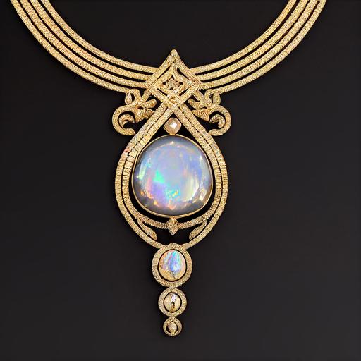 victorian necklace ,strings of gold vines , small round cut diamonds set between large opals , many faceted stones highly detailed , intricate , shiney , reflective ,inner glow stone , polished , riche , 3D , octane render --test --creative --upbeta --upbeta