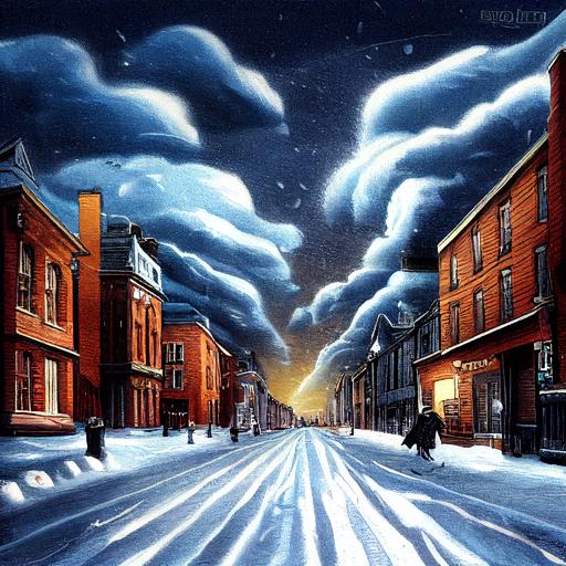 victorian street, dramatic, cartoon, night sky, snow, perspective --beta --upbeta