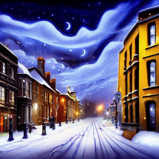 victorian street, dramatic, cartoon, night sky, snow, perspective --beta --upbeta