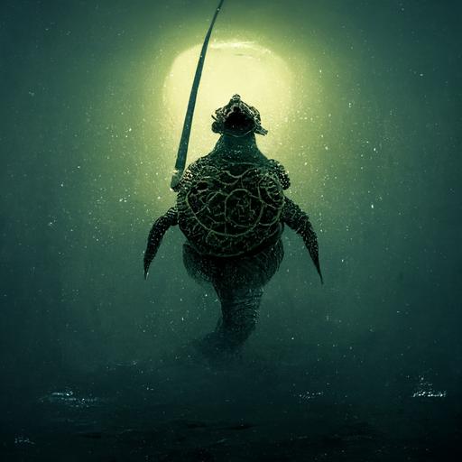 giant vietnamese turtle holding sword with it mouth in deep ocean