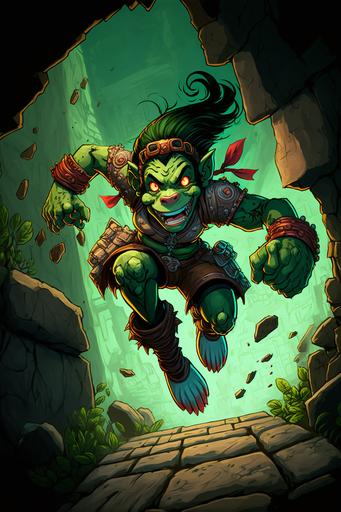 view from the bottom to top of stylized jumping character, funny young female chimpanzee ork smiling character, fantasy look, dramatic mystery lighting, 10mm wide lens, fisheye look, video game character, green skin, super stylized anatomy, hearthstone game style, style by ivan fomin and jordan grimmer and greg rutkowski and frank frazetta, green red yellow orange blue colors, fantasy background --ar 2:3 --v 4