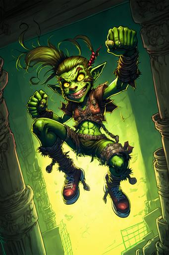 view from the bottom to top of stylized jumping character, funny young female chimpanzee ork smiling character, fantasy look, dramatic mystery lighting, 10mm wide lens, fisheye look, video game character, green skin, super stylized anatomy, hearthstone game style, style by ivan fomin and jordan grimmer and greg rutkowski and frank frazetta, green red yellow orange blue colors, fantasy background --ar 2:3 --v 4