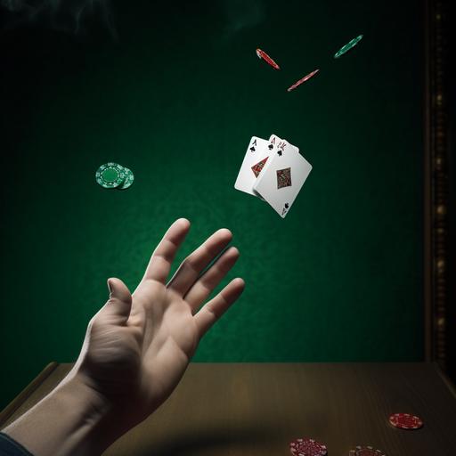 view from top of a hand letting go of the 2 of clubs card and it falling to a green poker table during a game, photorealistic