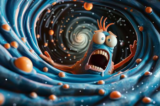 viewed through an electron microscope : A comical cartoon character is swallowed up by a giant heliocentric exaggerated version of their own anxiety, struggling to escape its clutches --ar 3:2 --v 6.0