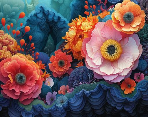 viewed through an electron microscope:: japanese artist person's aichi artwork, in the style of vibrant fantasies, psychedelic artwork, chinapunk, neon realism, birds & flowers, feminine affluence, colorful costumes --ar 112:89 --s 750 --v 6.0 --style raw