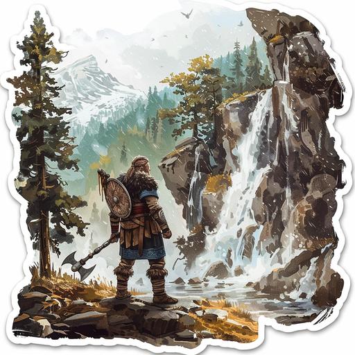 viking standing next to a water fall, pine trees surrounding waterfall, sticker format