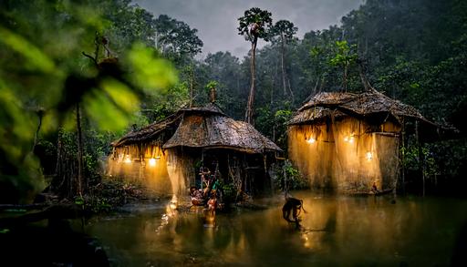 village in a tropical forest with monkey and karbi tribe people, trunks floating cabinet, lianas, epic lighting, national geographic, cinematic shoot, --ar 16:9