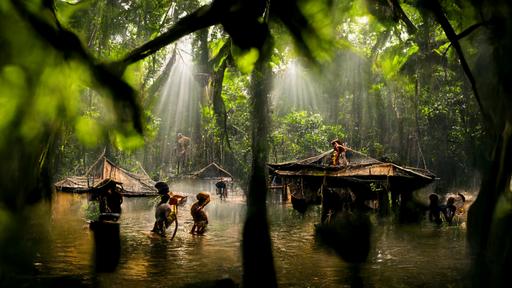 village in a tropical forest with monkey and karbi tribe people, trunks floating cabinet, lianas, epic lighting, national geographic, cinematic shoot, --ar 16:9