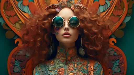 vinicunca wearing sunglasses, futuristic boho hippie vibe in the style of art nouveau, by Tim Burton --ar 16:9 --v 5.2