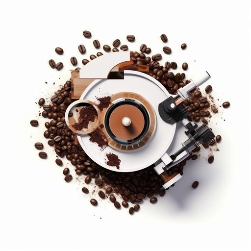 vinil machine, coffee cup, coffee beans, white, black, brown, modern style