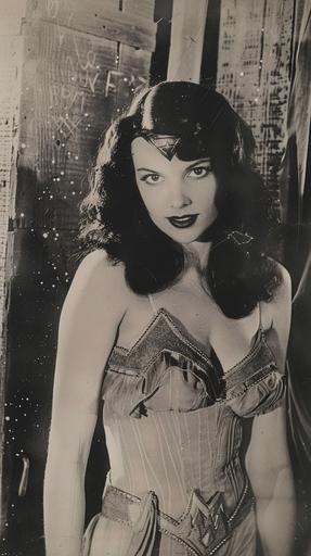 vintage 1940s black and white photograph, dull and faded. picture of a live action 1940s movie version of Wonder Woman, portrayed by Scarlett Johansson in 1944 black and white film. 1944 faded photograph. character costume and appearance is cheap but accurate 1940s superhero costume. accurate adapted to 1940s style Wonder Woman black hair. accurate but adapted to 1940s style Wonder Woman cheap costume and character makeup. accurate facial features of Scarlett Johansson, exact facial features of Scarlett Johansson. ultra - photorealistic. ultra-detailed. Portrait, full body shot, whole body shot. candid. smiling excited and happy. ACTORS: person. 1940s black and white photography style. --ar 9:16 --style raw --v 6.0