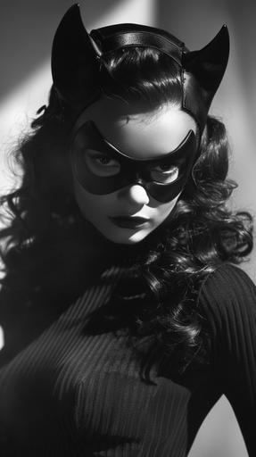 vintage 1940s black and white photograph, dull and faded. picture of a live action movie version of Catwoman portrayed by Ariana Grande in 1944 black and white noir crime movie. 1944 faded photograph. accurate high quality character clothing and appearance is adapted to 1940s style. accurate but adapted to 1940s noir style Catwoman short black hair. accurate but adapted to 1940s noir crime film style Catwoman costume mask and character makeup. accurate facial features of Ariana Grande, exact facial features of actress Ariana Grande. ultra - photorealistic. ultra-detailed. Portrait, full body shot, whole body shot. candid, smiling and flirty. ACTORS: person. 1940s black and white photography style. --ar 9:16 --style raw --v 6.0