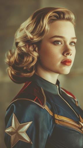 vintage 1940s color photograph, faded. picture of a live action movie version of Captain Marvel portrayed by Sydney Sweeney in 1944 colorized movie. 1944 faded and yellowing photograph. accurate high quality character clothing and appearance is adapted to 1940s style. accurate but adapted to 1940s style Captain Marvel short slick blonde hair. accurate but adapted to 1940s style Captain Marvel superhero costume and character makeup. accurate facial features of actress Sydney Sweeney, exact facial features of actress Sydney Sweeney. ultra - photorealistic. ultra-detailed. Portrait, full body shot, whole body shot. candid, serious and posing. ACTORS: person. 1940s photography style. --ar 9:16 --style raw --v 6.0