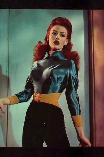 vintage 1940s color photograph. one person in photo. Live action 1944 version of Jean Grey/Marvel Girl from Marvel Comics. portrayed by Deborah Kerr in a 1944 Technicolor movie. 1940s superhero movie promotional photo. Full body shot, whole body shot, portrait, candid, posing. accurate 1940s style Jean Grey/Marvel Girl character superhero costume. accurate 1940s style Jean Grey character long red hair, accurate 1940s style Jean Grey character makeup. Very detailed facial features of 1944 Deborah Kerr, exact facial features of 1944 Deborah Kerr. ultra - realistic, ultra-detailed. serious. ACTORS: person. 1940s film reel. --ar 2:3 --style raw --v 6.0