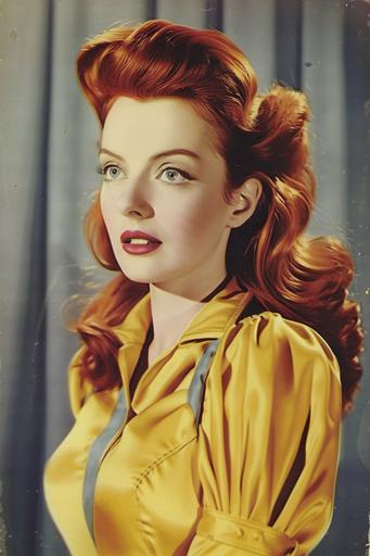 vintage 1940s color photograph. one person in photo. Live action 1944 version of Jean Grey/Marvel Girl from Marvel Comics. portrayed by Deborah Kerr in a 1944 Technicolor movie. 1940s superhero movie promotional photo. Full body shot, whole body shot, portrait, candid, posing. accurate 1940s style Jean Grey/Marvel Girl superhero costume. accurate 1940s style Jean Grey long red hair, accurate 1940s style Jean Grey makeup. Very detailed facial features of 1944 Deborah Kerr, exact facial features of 1944 Deborah Kerr. ultra - realistic, ultra-detailed. serious. ACTORS: person. 1940s film reel. --ar 2:3 --style raw --v 6.0
