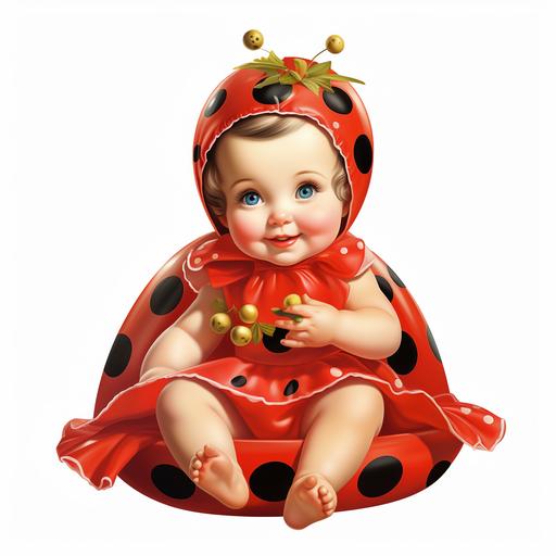 vintage 1960s, sitting smile baby in ladybug costume clipart, in the style of glamorous kitsch, uhd image, vintage imagery, associated press photo, two dimensional, cranberrycore, isolate on white background
