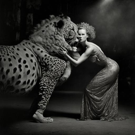 vintage 80's photo peter lindbergh style, full body, a girl in a leopard dress at the circus, kissing a lion on the nose