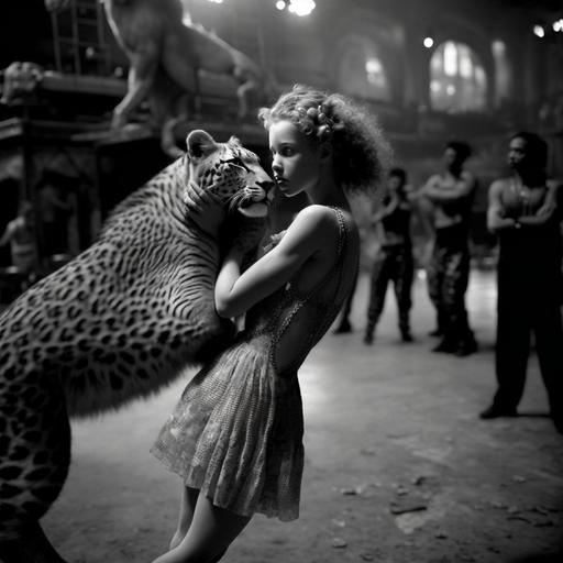 vintage 80's photo peter lindbergh style, full body, a girl in a leopard dress at the circus, kissing a lion on the nose