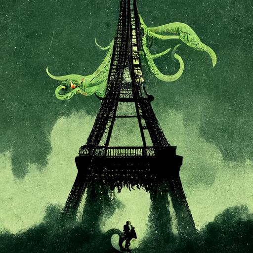 vintage Cthulhu climbing Eiffel Tower in Paris