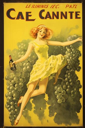 vintage French champagne wine poster with a girl in a skirt covered in grapes in the style of leonetto capiello --ar 24:36