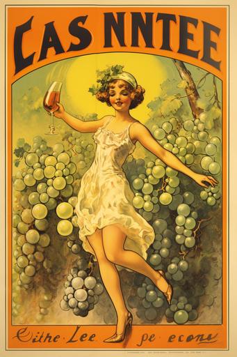 vintage French champagne wine poster with a girl in a skirt covered in grapes in the style of leonetto capiello --ar 24:36
