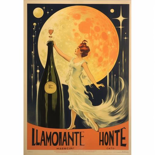 vintage French champagne wine poster with the moon above in the style of leonetto capiello