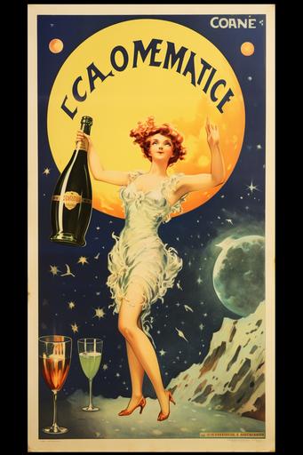 vintage French champagne wine poster with the moon above in the style of leonetto capiello --ar 24:36