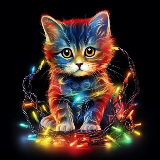 vintage, Funny cartoon Christmas Kitten with Christmas Lights red, yellow, blue, green, outline, white background , Ultra HD intricate details, 8K,