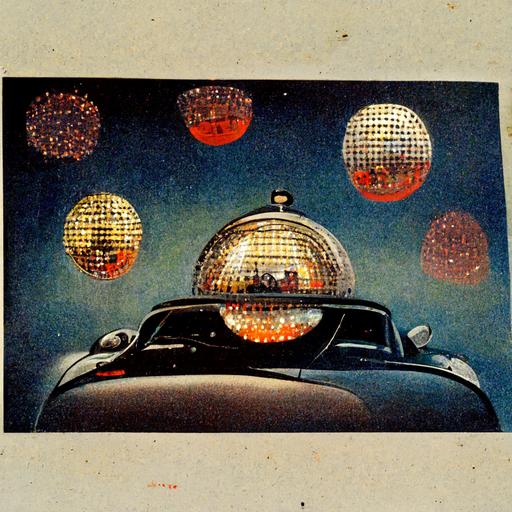 vintage Italian post card with a Cabrio Porche and disco ball, HD, with people