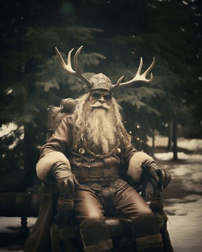 vintage Polaroid of reindeer dressed in black leather gloves and shorts::4 reindeer holding a whip::3 reindeer sitting on a top of Santa Claus shaped bench::2 , bench in the style of santa claus, barocconiferous forest during winter --s 200 --ar 4:5