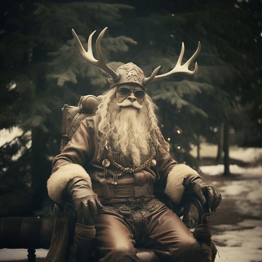 vintage Polaroid of reindeer dressed in black leather gloves and shorts::4 reindeer holding a whip::3 reindeer sitting on a top of Santa Claus shaped bench::2 , bench in the style of santa claus, barocconiferous forest during winter --s 200
