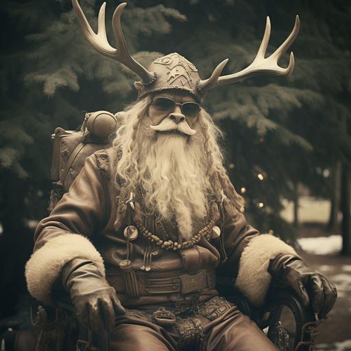 vintage Polaroid of reindeer dressed in black leather gloves and shorts::4 reindeer holding a whip::3 reindeer sitting on a top of Santa Claus shaped bench::2 , bench in the style of santa claus, barocconiferous forest during winter --s 200