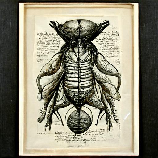 vintage anatomical illustration, inside of alien insect, 1600s print, ink