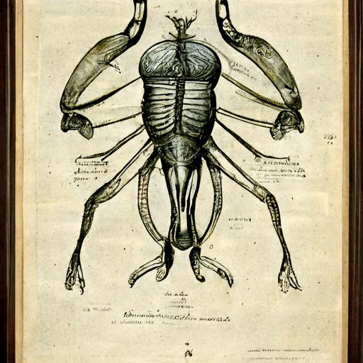 vintage anatomical illustration, inside of alien insect, 1600s print, ink