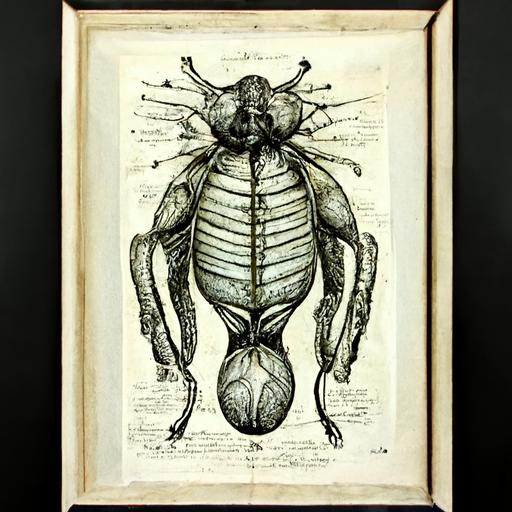 vintage anatomical illustration, inside of alien insect, 1600s print, ink