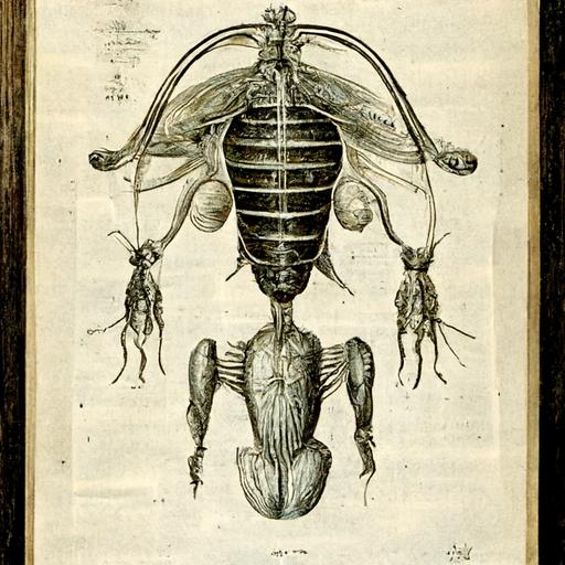 vintage anatomical illustration, inside of alien insect, 1600s print, ink