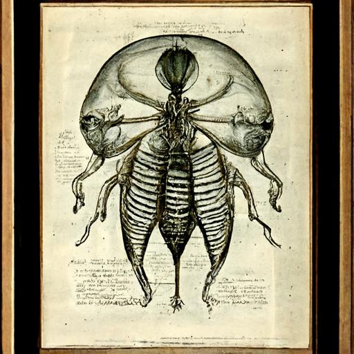 vintage anatomical illustration, inside of alien insect, 1600s print, ink