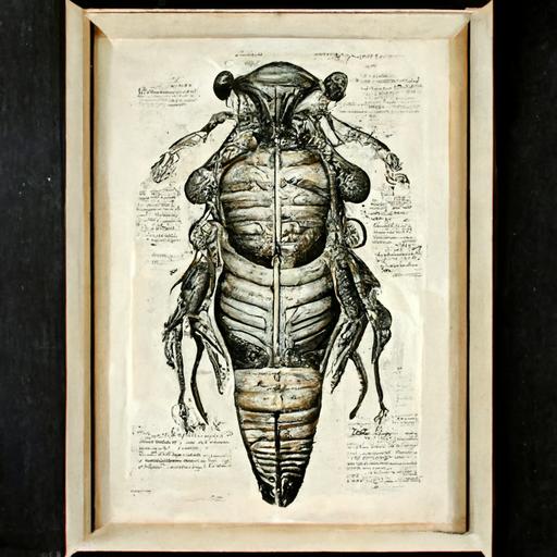 vintage anatomical illustration, inside of alien insect, 1600s print, ink