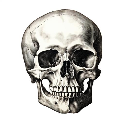 vintage ancient black ink drawing skull skeleton clipart white background