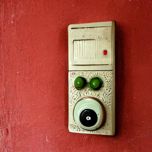 vintage appartment intercom doorbell, one green buzzer, brick wall red and white