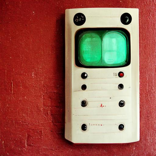 vintage appartment intercom doorbell, one green buzzer, brick wall red and white