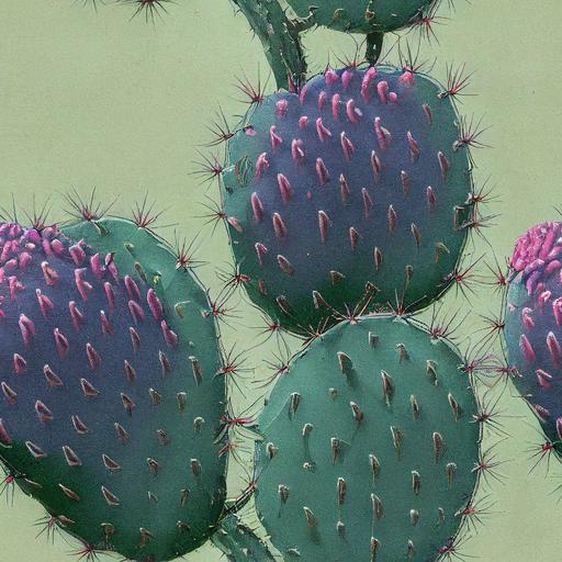 vintage botanical drawing, opuntia macrocentra cactus pattern , glaucous blue, purple, pink , high-detail, gradient, contrast, fine detail --tile --test --creative --upbeta