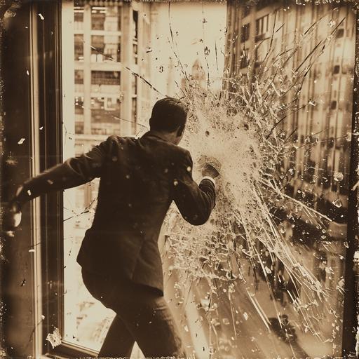 vintage burned aged polaroid of Richard Nixon breaking the window by punching at the Watergate hotel, shatteted glass is all over tbe place, black and white, sepia --v 6.0