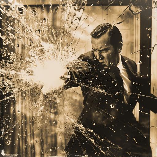 vintage burned aged polaroid of Richard Nixon breaking the window by punching at the Watergate hotel, shatteted glass is all over tbe place, black and white, sepia --v 6.0