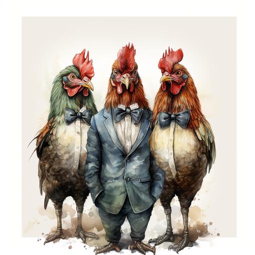 vintage chickens wearing suits and bow ties , watercolor, white background, vector graphic --v 5.2 --s 750