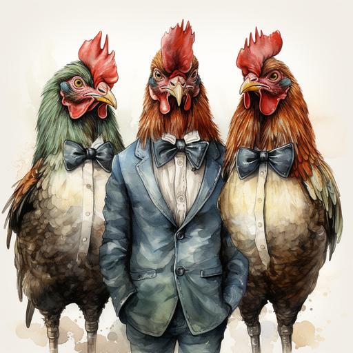 vintage chickens wearing suits and bow ties , watercolor, white background, vector graphic --v 5.2 --s 750
